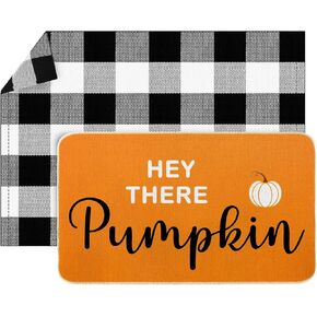 Hey There Pumpkin Door Mat 2 Pcs Fall Welcome Mat with Buffalo Plaid Rug Fall Decor - Autumn Thanksgiving Halloween Front Porch Entryway Outdoor Entrance Doormat