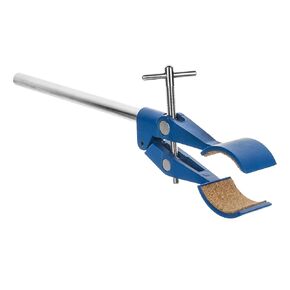 EISCO 2 Prong, Cork Lined, Burette, Flask, Beaker Clamp on Stainless Steel Rod - 4.3" Max Clamp Opening, 5.5" Rod - Powder Coated Zinc Clamp - Research, Industrial Laboratory Grade