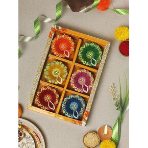 Handmade Terracotta Set of 6 Multicolor Clay Diya for Diwali/Navratri Decorations Oil Lamp Diwali Clay Diya Tea Light Holder Indian Decor Festival Gifts Puja Items | TRBD6-04