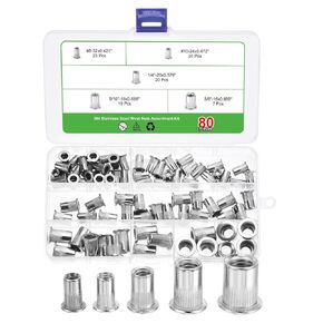 uxcell 228Pcs Rivet Nut Flat Head, #8, #10, 1/4", 5/16", 3/8" Threaded Insert Nuts Knurled Body