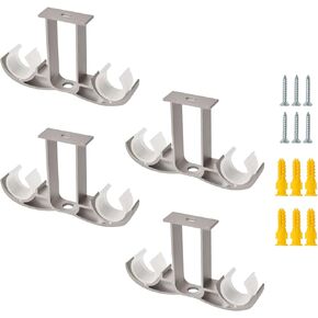 Curtain Rod Brackets, 4Pcs Aluminum Alloy Ceiling-Mount Brackets Double Curtain Holders Window Drapery Rod Hanging Supports for 24-30mm Curtain Pole (Grey)