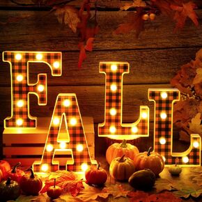 Fall Tabletop Decorations Set of 4 Fall Led Letters Signs Autumn Orange Black Plaid Marquee Light Up Alphabet Thanksgiving Light Up Decorations for Home Fireplace Mantel Party Supplies