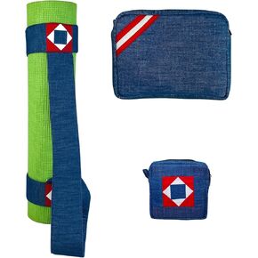 Set of 3 Christmas Denim Goodies.Yoga Mat Holder-Travel Case-Multi Purpose Pouch.Handcrafted Gift for Yoga,Holidays,Stocking Stuffer,Xmas,Thanksgiving