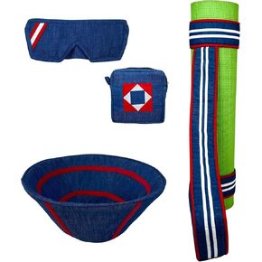 Set of 4 Christmas Denim Goodies.Yoga Mat Holder-Bread Basket-Eye Mask-Multi Purpose Pouch.Gift for Birthday,Holidays,Stocking Stuffer,Thanksgiving,Xmas