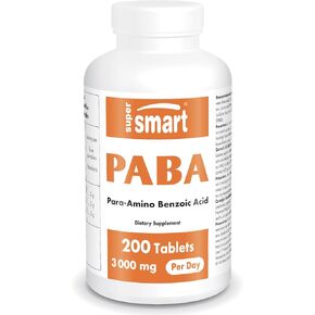 Supersmart - PABA Supplement 3000mg per Day (para-AminoBenzoic Acid) - Natural B Complex Vitamin - Water Soluble PABA | Non-GMO & Gluten Free - 200 Tablets