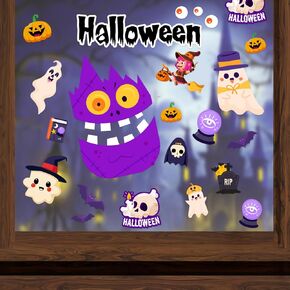 Halloween Static Window Clings - 6 Sheets of Cute Pumpkin and Ghost Stickers for Kids, Reusable and Removable