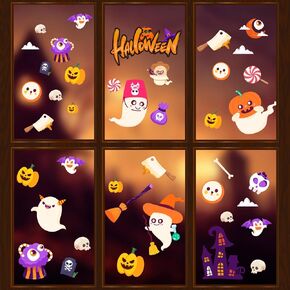 Halloween Window Cling Sticker Set for Kids - 6 Sheets Static, Removable Glass Decals