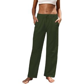 Women Linen Pants High Waisted Wide Leg Lounge Straight Summer Casual Loose Trousers with Pockets White