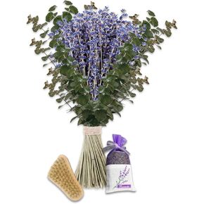 MAQ's 121 Mixed Real Eucalyptus for Shower and Dried Lavender - 100% Real Eucalyptus Stems & Dried Lavender Flowers Hanging Stems - Bonus 1 Nail Brush & Pouch Filled with Dried Lavendar Buds