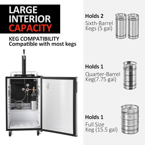 Beer Kegerator، موزع بيرة بصنبور واحد، ثلاجة برميل كاملة الحجم مع أرفف، ستانلس ستيل، صينية تنقيط وسكة، 32 درجة فهرنهايت - 50 درجة فهرنهايت للتحكم في درجة الحرارة 128 لتر in Kuwait