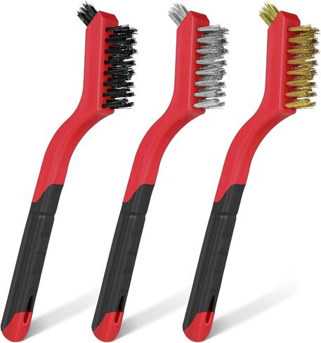 Wire Brush 3Pcs Metal Scrubber - Nylon/Brass/Stainless Steel Bristles with Curved Handle Grip for Cleaning Rust Removal, Dirt, Paint Scrubbing with Deep Cleaning – 6.88 Inches in Saudi Arabia