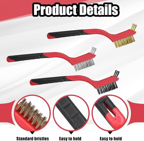 Wire Brush 3Pcs Metal Scrubber - Nylon/Brass/Stainless Steel Bristles with Curved Handle Grip for Cleaning Rust Removal, Dirt, Paint Scrubbing with Deep Cleaning – 6.88 Inches in Saudi Arabia