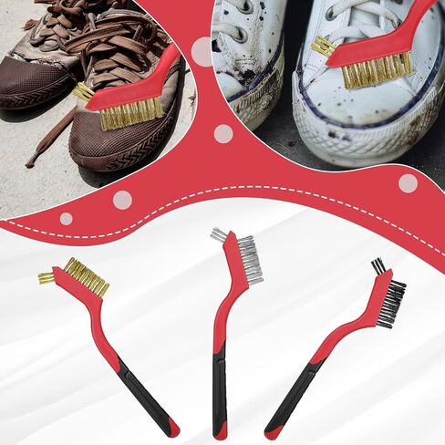 Wire Brush 3Pcs Metal Scrubber - Nylon/Brass/Stainless Steel Bristles with Curved Handle Grip for Cleaning Rust Removal, Dirt, Paint Scrubbing with Deep Cleaning – 6.88 Inches in Saudi Arabia