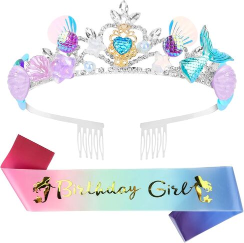 Mermaid Crown and Birthday Sash Mermaid Birthday Decorations Mermaid Party Decorations Birthday Sash for Women Birthday Crown Tiara for Women Halloween Costume Gifts in Saudi Arabia
