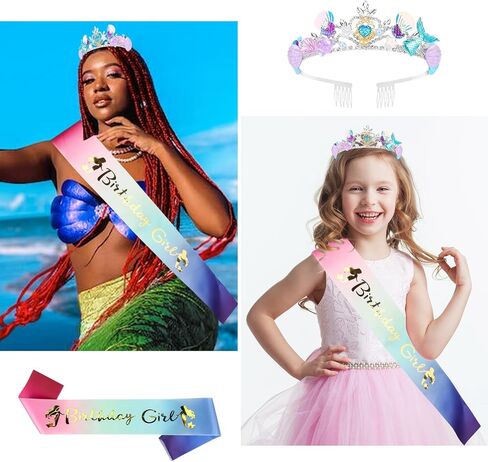 Mermaid Crown and Birthday Sash Mermaid Birthday Decorations Mermaid Party Decorations Birthday Sash for Women Birthday Crown Tiara for Women Halloween Costume Gifts in Saudi Arabia