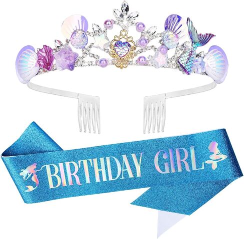 Mermaid Crown and Birthday Sash Mermaid Birthday Decorations Mermaid Party Decorations Birthday Sash for Women Birthday Crown Tiara for Women Halloween Costume Gifts in Saudi Arabia