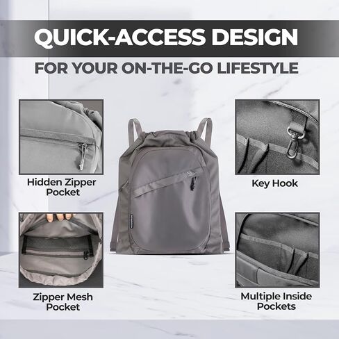 Drawstring Backpack - Versatile Small Gym Bag with Hidden Zipper Pocket, Secondary Pocket with Organizer, Thicker Strap, Ideal for Sports, Travel, Hiking, Beach Camping Essentials-Slate Gray in Saudi Arabia