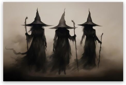 Witchy Halloween Wall Art Three Witches Holding Magic Wands Moody Dark Gothic Posters Painting Print Halloween Vintage Room Decor Aesthetic 8x12inch Unframed in Saudi Arabia