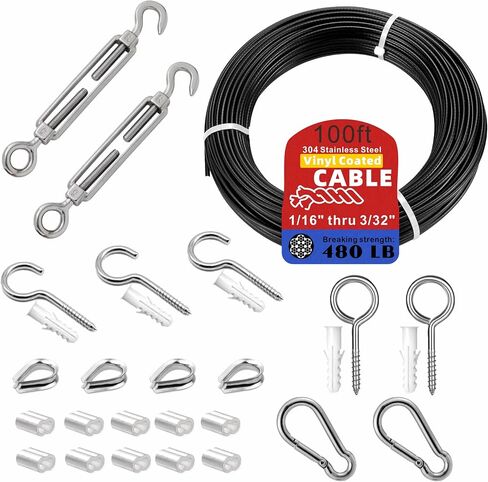 String Light Hanging Kit with Black Vinyl Coated 304 Stainless Steel Wire Rope,1/16 Inch Overmolded to 3/32 Inch,Turnbuckles and Hooks for Patio, Outdoor Post Light Accessories(100ft-23set) in Saudi Arabia