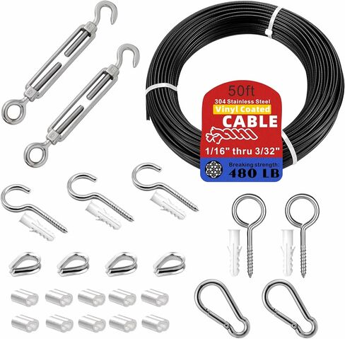 String Light Hanging Kit with Black Vinyl Coated 304 Stainless Steel Wire Rope,1/16 Inch Overmolded to 3/32 Inch,Turnbuckles and Hooks for Patio, Outdoor Post Light Accessories(100ft-23set) in Saudi Arabia