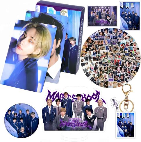 مجموعة هدايا KPOP Stray Kids - بما في ذلك بطاقات الصور المدرسية السحرية من Stray Kids، وملصقات Stray Kids، وسلسلة مفاتيح Stray Kids، وشارة، ولوحة الوقوف الأكريليكية Stray Kids Merch للمعجبين in Kuwait