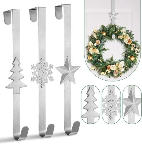 Whaline 3Pcs Christmas Wreath Hanger Over The Door Metal Wreath Hook Star Snowflake Christmas Tree Wreath Holder for Xmas Party Decor Door Wall Home Office, Silver, 15in in Saudi Arabia