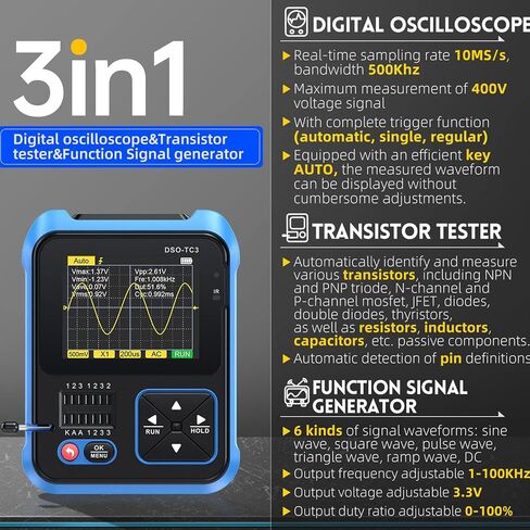 Handheld Digital Oscilloscope, 3 in 1 Mini Digital Oscilloscope Transistor Tester Table 500 kHz 10MSa,s with 2.4 TFT Backlight Display for Automobile Maintenance (High in Saudi Arabia