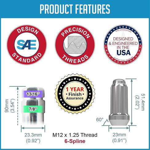 Wheel Accessories Parts 24 Pcs M12 x 1.25 12 x 1.25 Thread Truck 2.00" Long Spline Lug Nuts Black Chrome 6 Spline Hex Fits Nissan Titan (Non XD) in Saudi Arabia