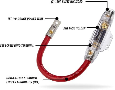 سلك طاقة InstallGear مقاس 1/0 AWG بطول 1 قدم مع حامل مصهر ANL بقدرة 150 أمبير - 99.9% من النحاس الخالي من الأكسجين | سلك قياس 1/0 | للسيارات والبحرية والمهنيين وRV والصناعية in Kuwait