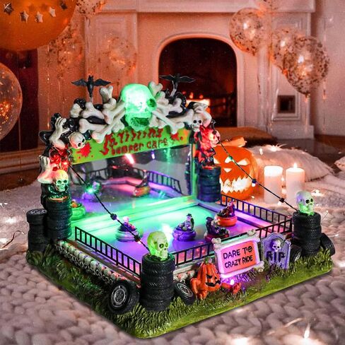 WONDER GARDEN Halloween Village-Halloween Houses Village - Mobile Spooky Bumper Cars Haunted House Figurine Spooky Village with Led Lights, Pumpkin, Skull, Tyre for Holiday Decorations or Gift in Saudi Arabia
