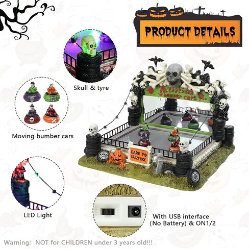 WONDER GARDEN Halloween Village-Halloween Houses Village - Mobile Spooky Bumper Cars Haunted House Figurine Spooky Village with Led Lights, Pumpkin, Skull, Tyre for Holiday Decorations or Gift in Saudi Arabia
