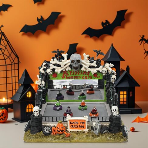 WONDER GARDEN Halloween Village-Halloween Houses Village - Mobile Spooky Bumper Cars Haunted House Figurine Spooky Village with Led Lights, Pumpkin, Skull, Tyre for Holiday Decorations or Gift in Saudi Arabia