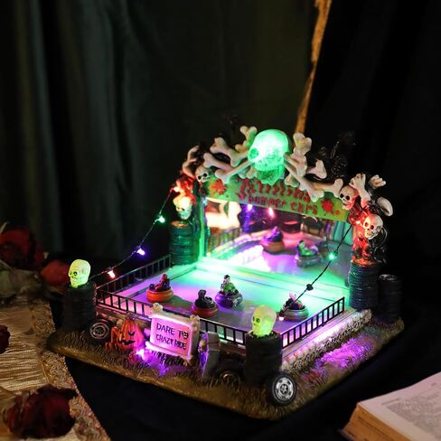 WONDER GARDEN Halloween Village-Halloween Houses Village - Mobile Spooky Bumper Cars Haunted House Figurine Spooky Village with Led Lights, Pumpkin, Skull, Tyre for Holiday Decorations or Gift in Saudi Arabia