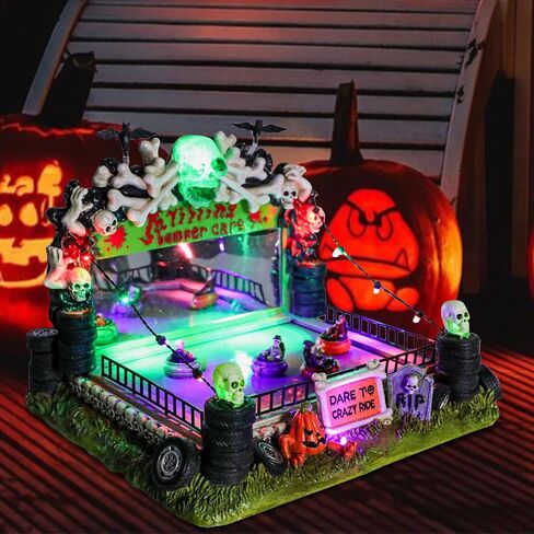 WONDER GARDEN Halloween Village-Halloween Houses Village - Mobile Spooky Bumper Cars Haunted House Figurine Spooky Village with Led Lights, Pumpkin, Skull, Tyre for Holiday Decorations or Gift in Saudi Arabia