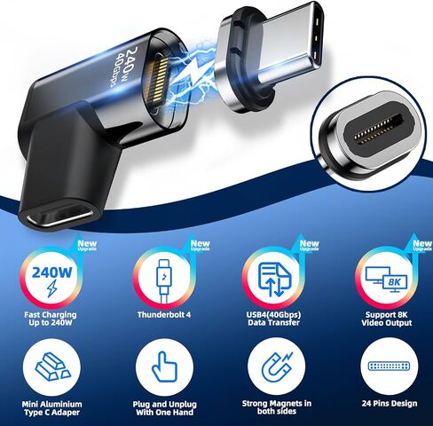 محول USB C مغناطيسي 240 وات (2 حزمة) محول USB-C مغناطيسي بزاوية يمنى 24 دبابيس مع USB4 40 جيجابت في الثانية 8K 60 هرتز لأجهزة Thunderbolt 3/4 وMacBook Pro/Air وSwtich والمزيد من الأجهزة من النوع C in Kuwait
