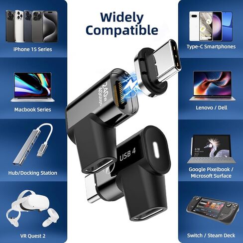 محول USB C مغناطيسي 240 وات (2 حزمة) محول USB-C مغناطيسي بزاوية يمنى 24 دبابيس مع USB4 40 جيجابت في الثانية 8K 60 هرتز لأجهزة Thunderbolt 3/4 وMacBook Pro/Air وSwtich والمزيد من الأجهزة من النوع C in Kuwait