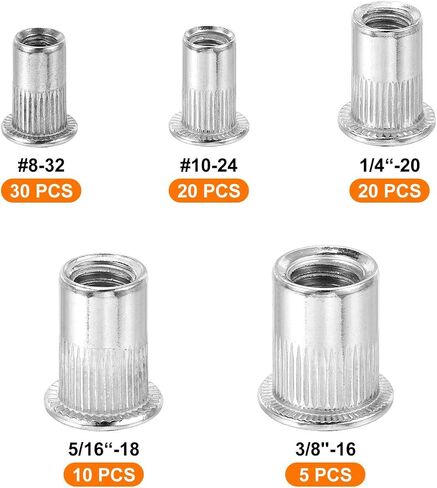 uxcell 228Pcs Rivet Nut Flat Head, #8, #10, 1/4", 5/16", 3/8" Threaded Insert Nuts Knurled Body in Saudi Arabia