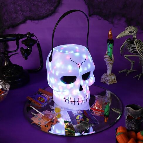 Needzo Light Up Halloween Trick or Treat Skull Bucket, Skeleton Candy Holder with Sound, 11 Inches with Handle in Saudi Arabia