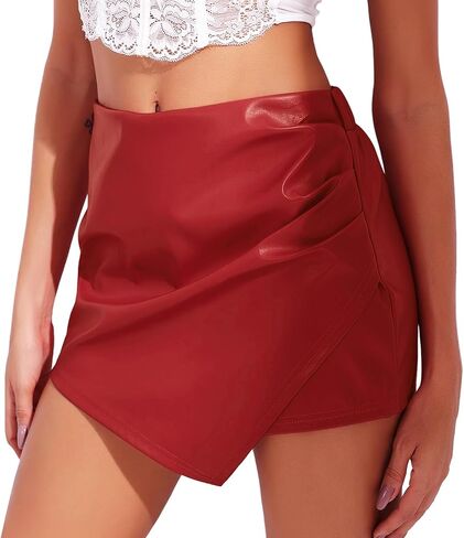 RIOJOY Women's Faux Leather Shorts High Waist Short Skirt Asymmetrical Ruched Wrap Skorts Skirts in Saudi Arabia