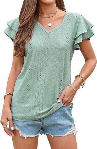 Amoretu Womens Summer Tops V Neck Ruffle Short Sleeve T Shirts Eyelet Loose Fit in Saudi Arabia