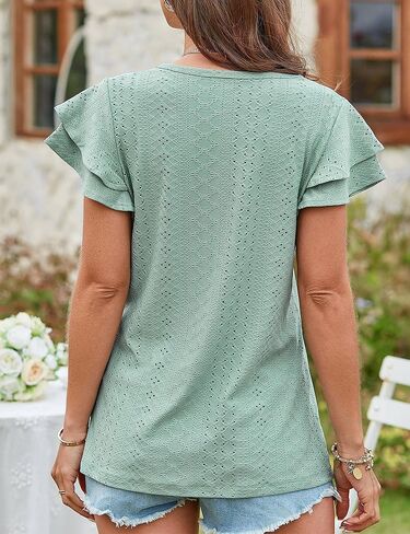 Amoretu Womens Summer Tops V Neck Ruffle Short Sleeve T Shirts Eyelet Loose Fit in Saudi Arabia