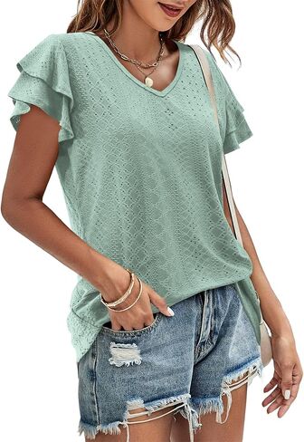 Amoretu Womens Summer Tops V Neck Ruffle Short Sleeve T Shirts Eyelet Loose Fit in Saudi Arabia