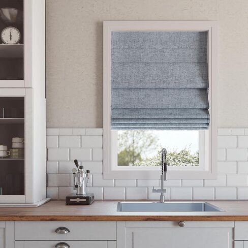Sun Zero Seraphina Textured 100% Blackout Cordless Roman Shade, 35" x 64", Blue in Saudi Arabia