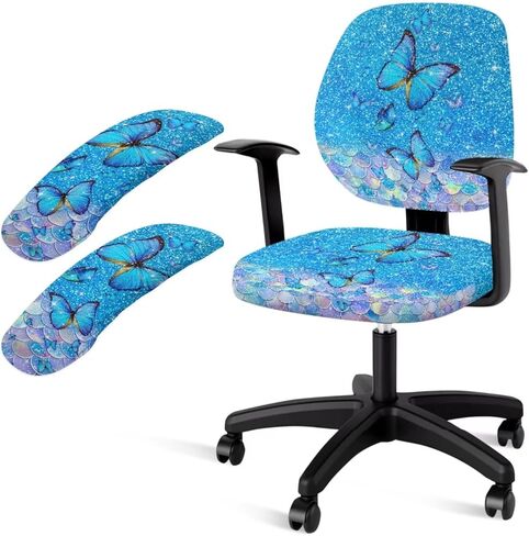 Butterfly Print Computer Office Chair Covers Set, Fish Scale Print Office Chair Covers Universal Rotating Chair Cover, Dustproof Office Chair Seat and Back Cover with Armrest Covers in Saudi Arabia