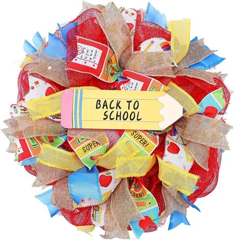 Back to School Wreath 15.7 Inch First Day of School Wreath with Pencil Wooden Sign Red Yellow Wreath Welcome Back to School Party Hanging Decoration for School Classroom Party Decor in Saudi Arabia