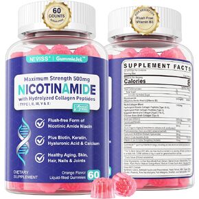 Nicotinamide 500mg Filled Gummies, (Flush Free Niacin) Vitamin B3 Niacinamide w/Collagen Peptides, Hyaluronic Acid, Keratin & Biotin for Healthy Aging, Improve NAD+ Level, 0g Sugar, 60Cts