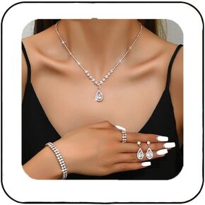 Unicra Bridal Wedding Jewelry Set Silver Rhinestone Necklace Earrings Bracelet Ring Sets Formal Costume Jewelry for Women and Brides