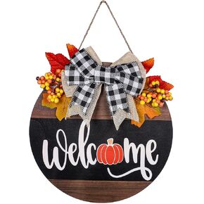 Whaline Fall Thanksgiving Welcome Sign Farmhouse Wooden Hanging Sign with Bow Artificial Berries Rustic Wood Door Hanger for Autumn Harvest Holiday Home Office Window Decoration
