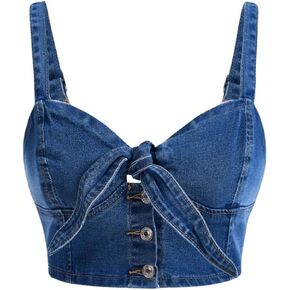 WDIRARA Women's Denim Tank Top Knot Tie Front Button Down Sleeveless Crop Top Shirt