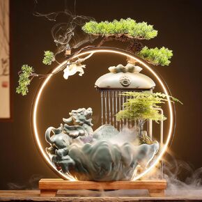 Waterfall Fountain Indoor with Mist, Tabletop Water Fountain,Desk Chinese Ceramic Pixiu Statue with LED Light Ring and Backflow Incense Burner Holder